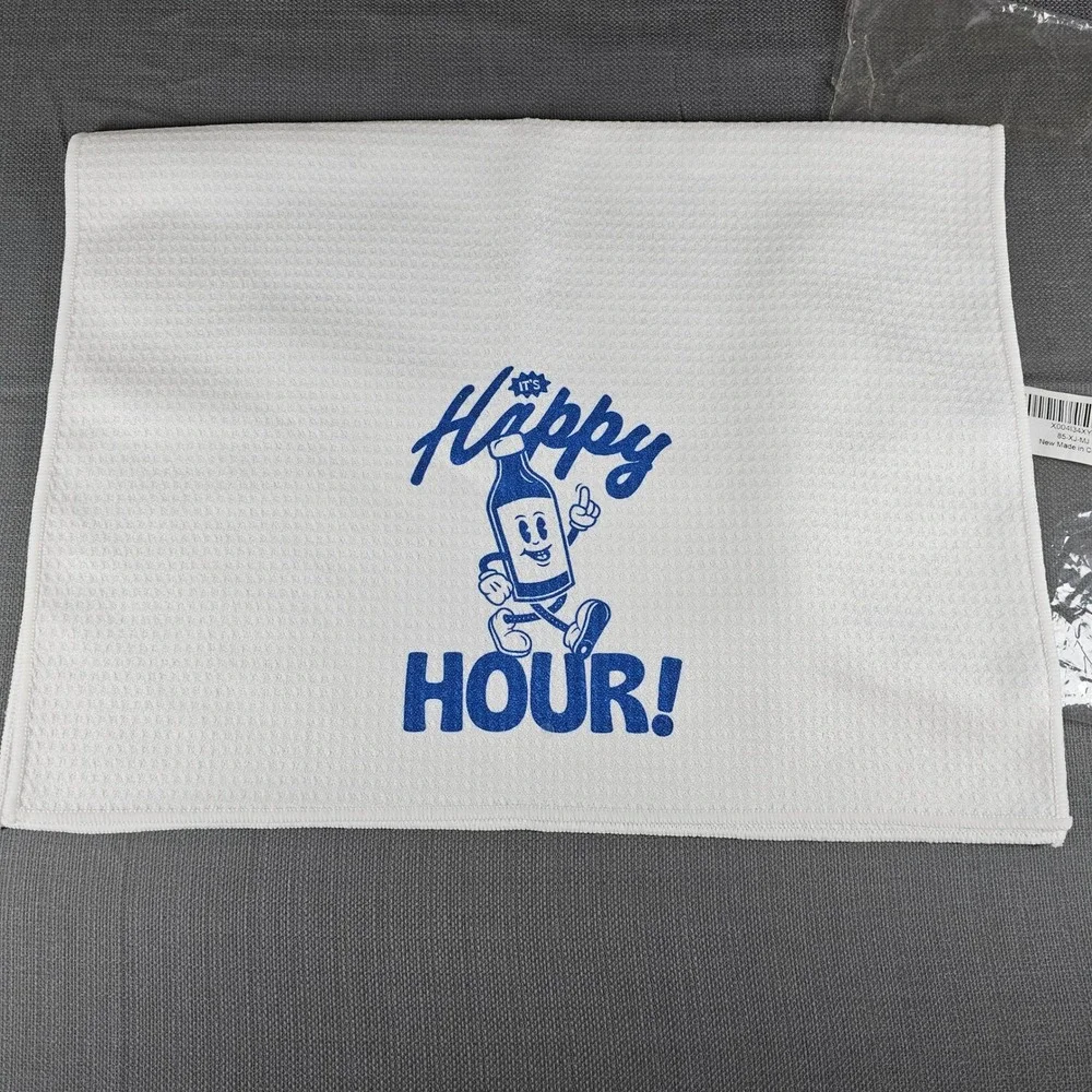 Happy Hour Retro Waffle Weave Kitchen Bar Hand Towel Blue White 16x24
